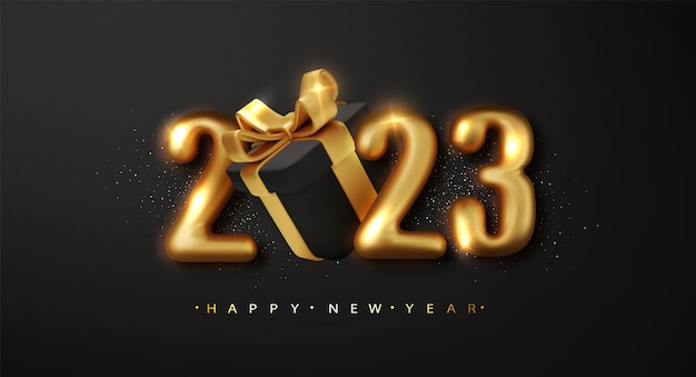 2023 Happy New Year Realistic Gold metal number with black gift box Merry Christmas Greeting card Vector 3d rendering