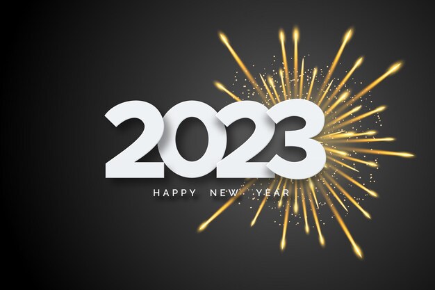 2023 happy new year numeri bianchi e fuochi d'artificio su sfondo nero biglietto d'auguri per il nuovo anno 2023