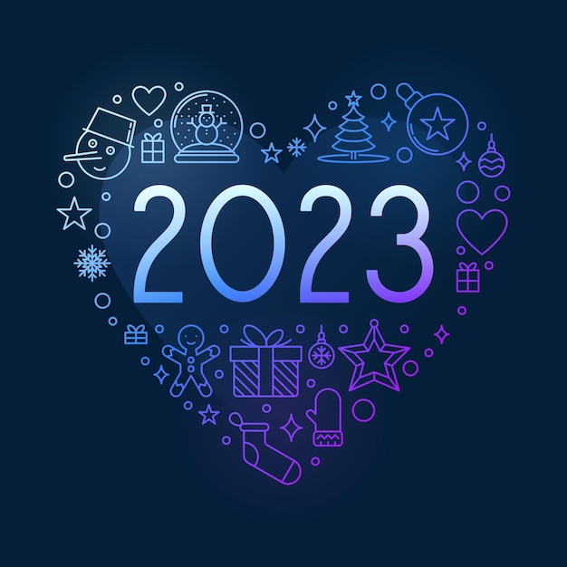 2023 Heart Christmas and New Year vector outline colorful concept banner