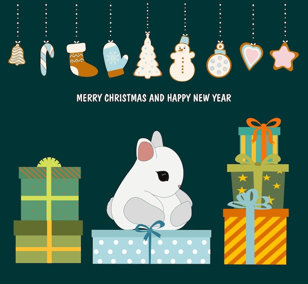 2023 is the year of the rabbit Cute Christmas bunny with gifts Vector illustration