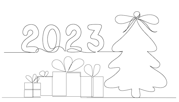 2023 jaar boom en geschenken een doorlopende lijntekening geïsoleerde vector