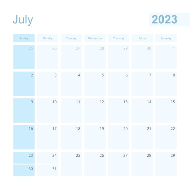 2023년 7월 블루 컬러 월 플래너가 일요일에 시작됩니다.