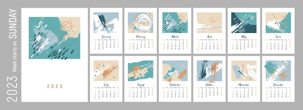 2023 kalender abstract ontwerp. Week begint op zondag.