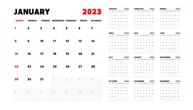 2023 Kalender De week begint op zondag Jaarkalender 2023 sjabloon.