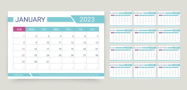 2023 kalender planner sjabloon vector illustratie maandelijks raster van kalender