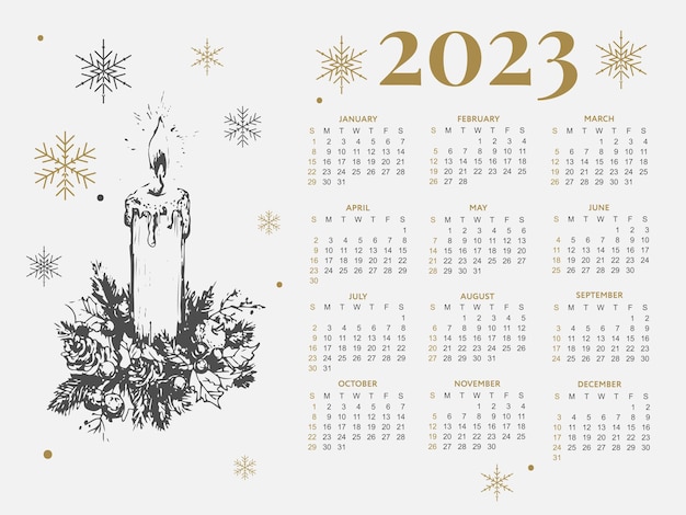 2023 Kalenderjaar vectorillustratie De week begint op zondag Kerstmis sneeuwvlokken kalender 2023 sjabloon Kalenderontwerp zondag in rode kleuren