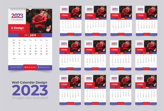 2023 kalendersjabloon, maandelijkse wandkalender, gelukkig nieuwjaar wandkalender