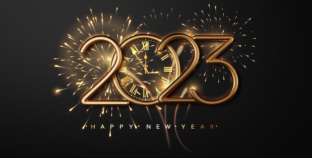 Vector 2023 klok en vuurwerk gelukkig nieuwjaar donkere luxe achtergrond mooie vakantie webbanner