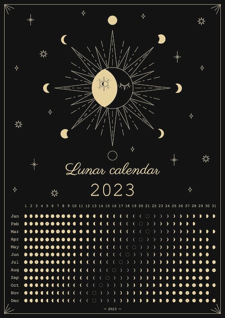 Vector 2023 maankalender astrologisch kalenderontwerp maanfasecyclus moderne boho maankalender poster