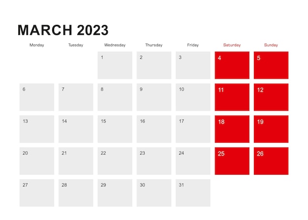 2023년 3월 플래너 캘린더 디자인 주간 월요일부터 시작