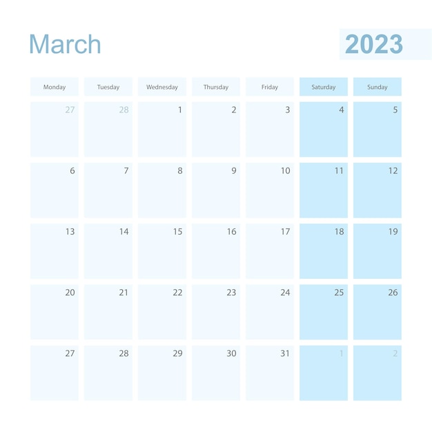 Vector 2023 march wall planner in blue pastel color week starts on monday