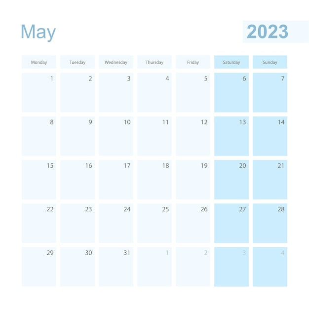 2023년 5월 블루 파스텔 컬러 위크의 월 플래너는 월요일에 시작됩니다.