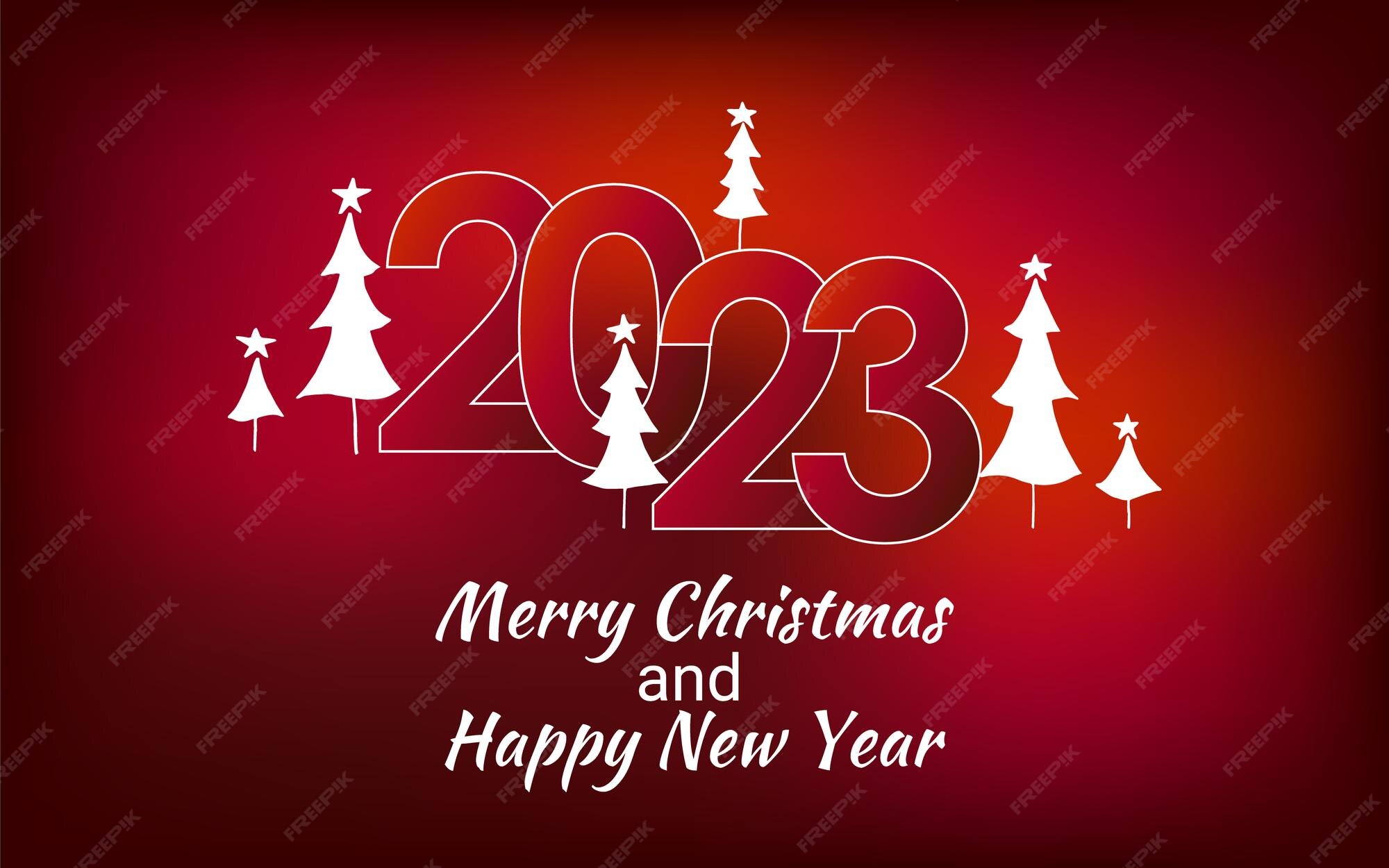 2023 메리 크리스마스와 해피 뉴 이어 화이트 크리스마스 트리가 있는 빨간 크리스마스 카드 프리미엄 벡터