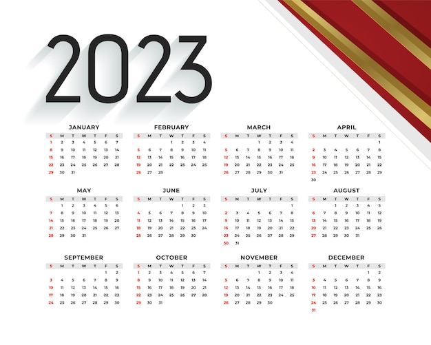 Modello di calendario moderno 2023 con linee dorate