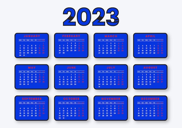 2023년 월간 달력 템플릿 디자인입니다. 현대 다채로운 달력 벡터