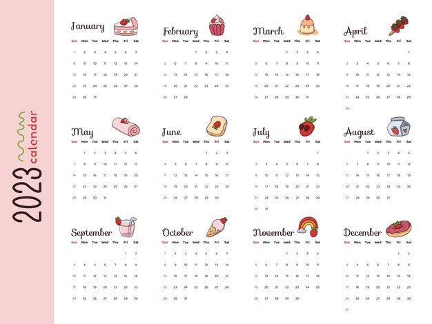 Modello di calendario del nuovo anno 2023 con illustrazione del food design