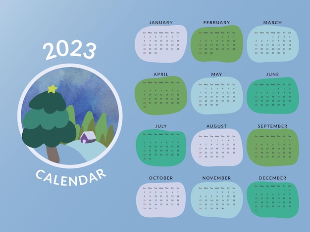 Vettore calendario del nuovo anno 2023 illustrazione invernale e natalizia