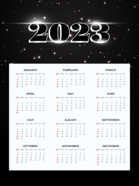 2023 new year calendar with black and silver text design