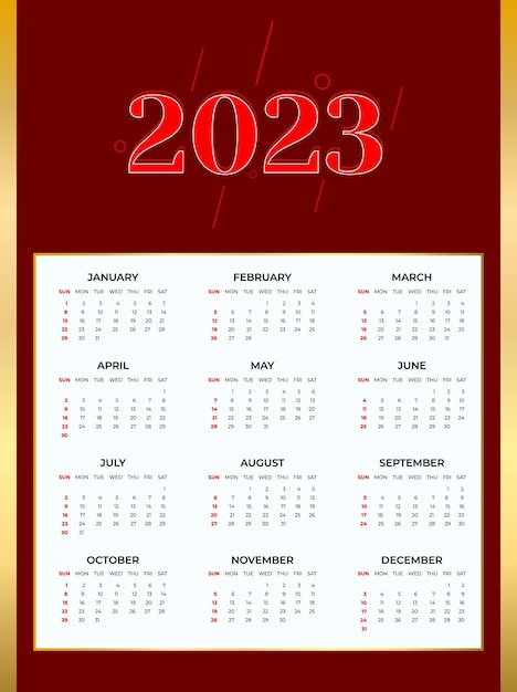 Calendario del nuovo anno 2023 con sfondo di colore dorato e marrone e testo rosso