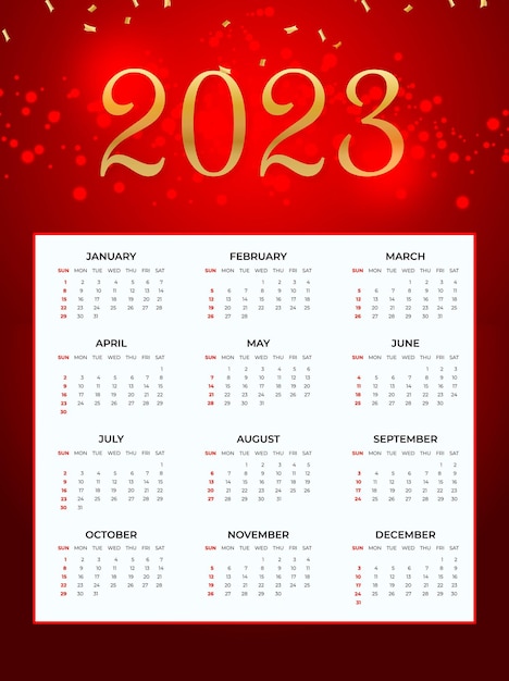 2023 new year calendar with red colour background and golden text with bokeh effect