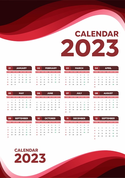 Calendario del nuovo anno 2023 con colore rosso