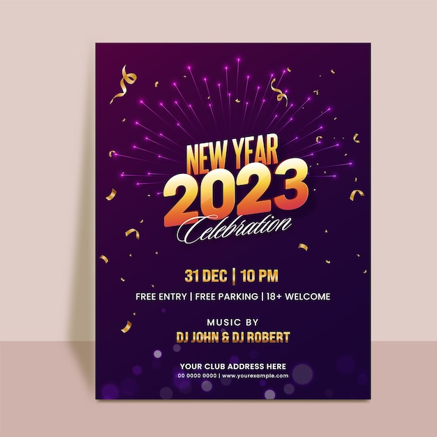 2023 new year celebration invitation card with golden confetti on purple bokeh light effect background