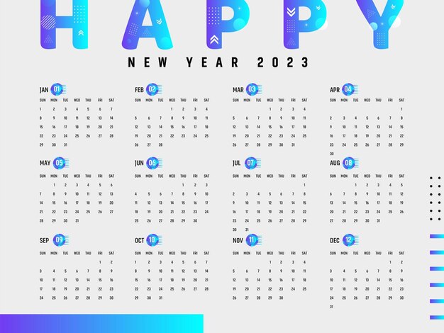 2023年新年のきれいなカレンダーテンプレート