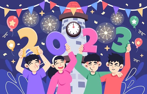 Vector 2023 new year countdown with friends