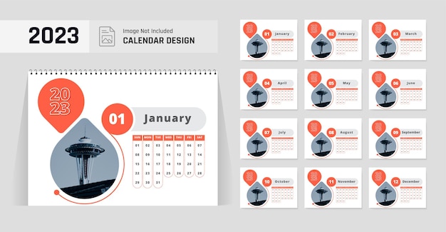 2023 New year desk calendar design template or orange color modern calendar theme