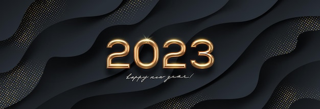 추상적 인 검은 파도 배경에 2023 새해 골드 메탈 럭셔리 로고