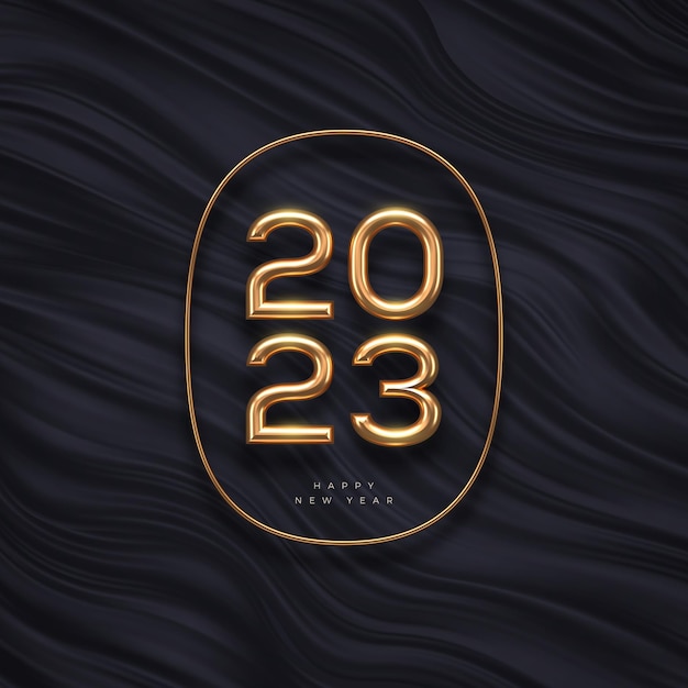 Vector 2023 new year gold metal luxury logo on abstract black waves background