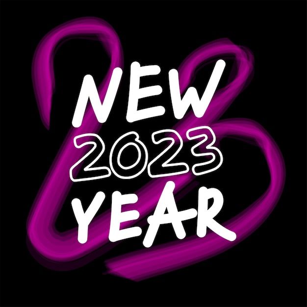 2023 new year graffiti poster. White text with a pink neon symbol on a black background