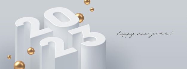 Vector 2023 new year greeting card with 3d realistic render number of the year with golden sphere