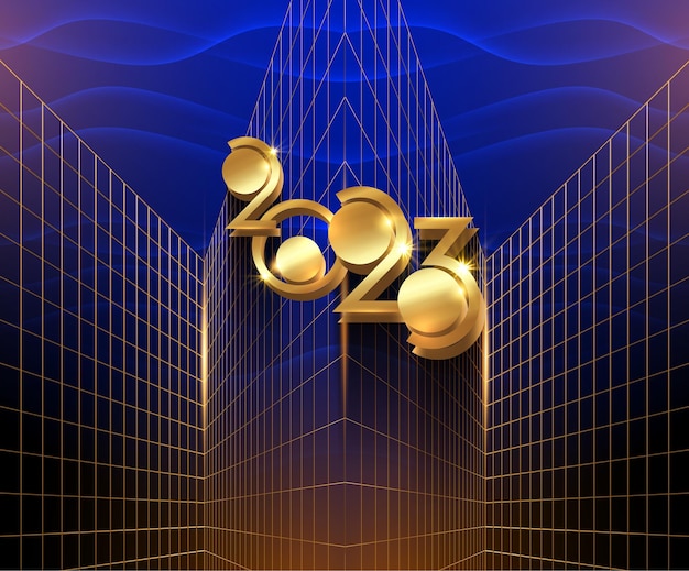 2023 new year greeting card with golden 3d number of the golden modern perspective. Art Deco style