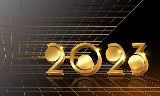 2023 new year greeting card with golden 3d number of the golden modern perspective Technology party