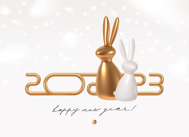 Vector 2023 new year illustration with realistic 3d golden logo and rabbit