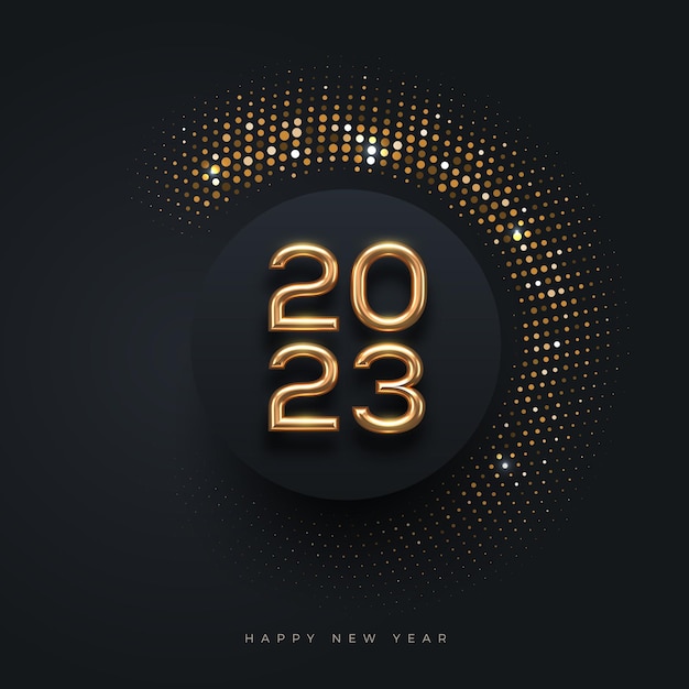 2023 new year luxury logo with shining golden halftone on black background