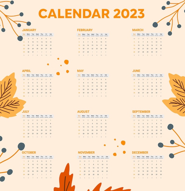 Вектор Дизайн ежемесячного осеннего календаря на 2023 год.