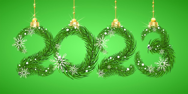 2023 new year number made from green fir tree branches with snowflakes