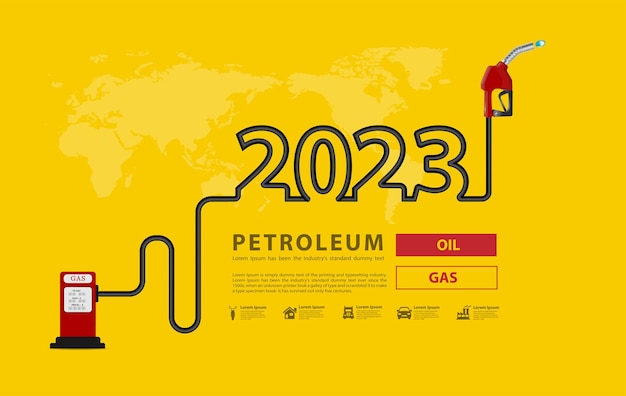 2023 nuovo anno concetto di petrolio con design creativo dell'ugello della pompa di benzina segno della stazione di servizio con energia elettrica olio e gas illustrazione vettoriale modello di layout moderno