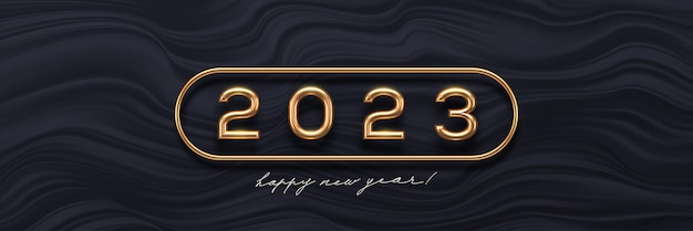 Vector 2023 new year realistic gold metal luxury logo on abstract black waves background