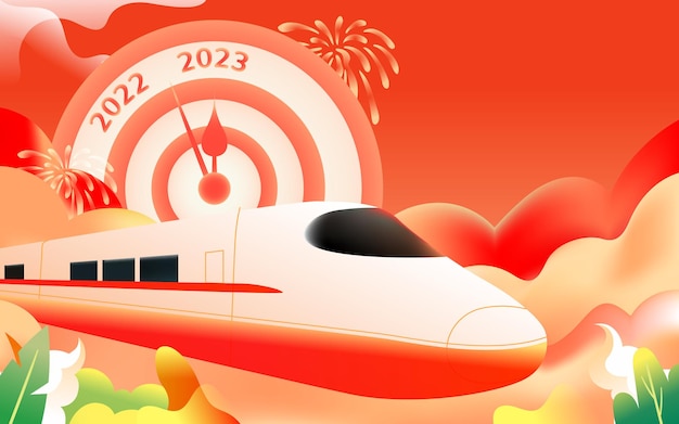 2023 New Year's Day in the Year of the Rabbit with a train and time in the background, vector