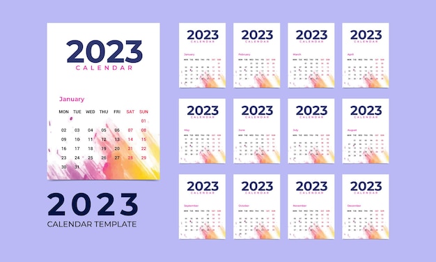 2023 新年ウォール カレンダー テンプレート デザイン。