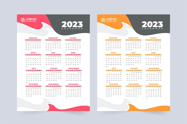 2023 Nieuwjaar kalender sjabloonontwerp met abstracte vormen Nieuwjaar kantoorbenodigdheden en wandkalender decoratie met rode en gele kleuren 2023 kalendersjabloon vector Week begint op zondag