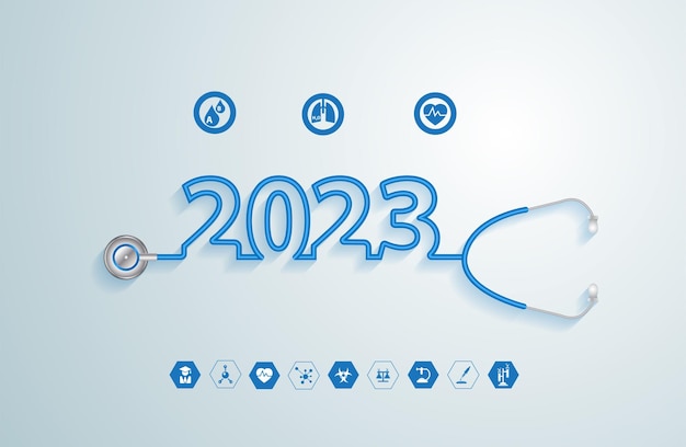 2023 Nieuwjaar met stethoscoop creatief ontwerp en medische plat pictogrammen in geneeskunde technologie concept Vector illustratie moderne lay-out sjabloon