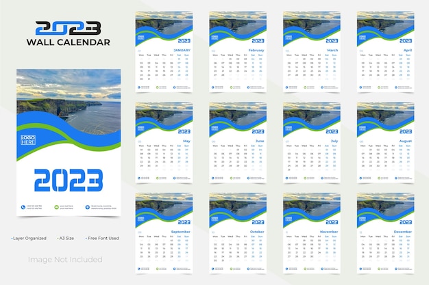 2023 Nieuwjaar wandkalender sjabloonontwerp in curvevormen