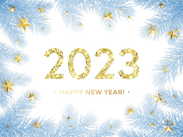 2023 nieuwjaarsbelettering op goud glinsterende kerstachtergrond