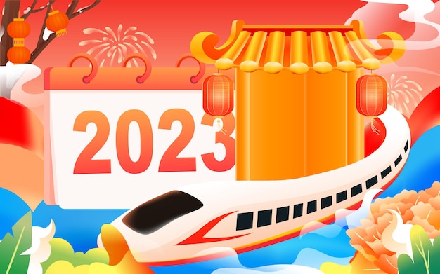 2023 nieuwjaarsdag in het jaar van het konijn met een trein en tijd op de achtergrond, vector