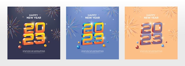 2023 nieuwjaarsviering vierkante bannermalplaatje met 3d gouden letters en kleurrijk vuurwerk