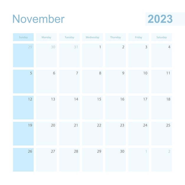 2023년 11월 블루 컬러 월 플래너가 일요일에 시작됩니다.